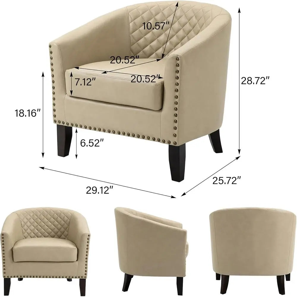 Faux Leather Accent Barrel Chair with Nailed Trim, Comfortable Club Chair for Living Spaces (Beige, 1 Set)