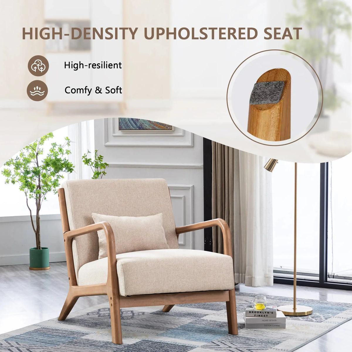 29*33*26 Inch Solid Color Solid Wood Living Room Chair 105° Backrest Non-Slip Casual Bedroom Chair With Pillow