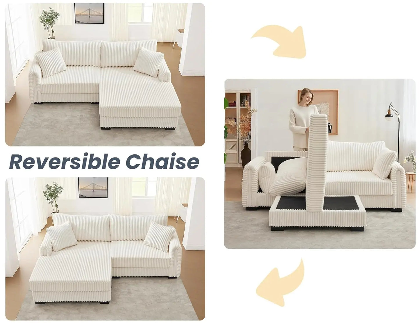 L-Shaped Sectional Sofa, Oversized Loveseat Corduroy Couch with Reversible Chaise, USB Charging Port, Side Pocket, Deep Seat Cor