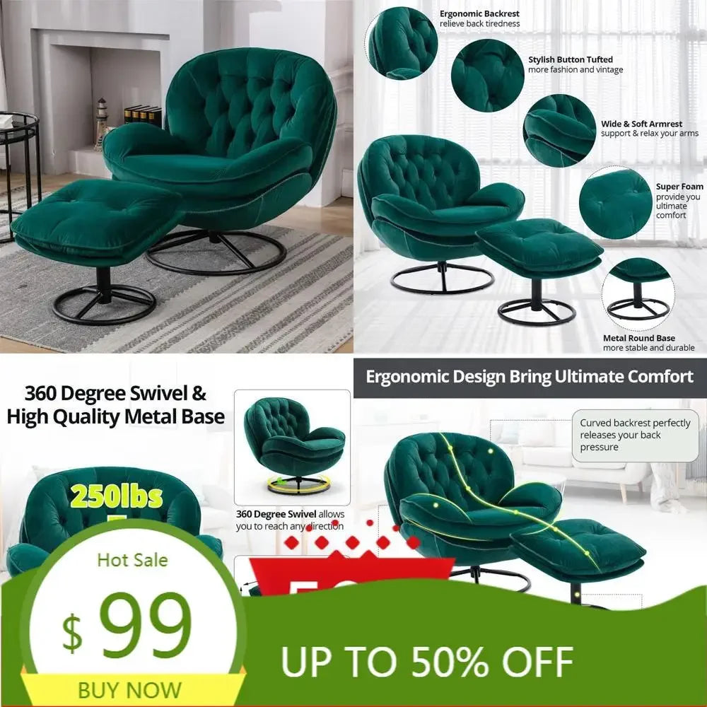 luxurious velvet swivel chair and ottoman set, contemporary lounge chair with metal frame and footrest, ergonomic single relaxat