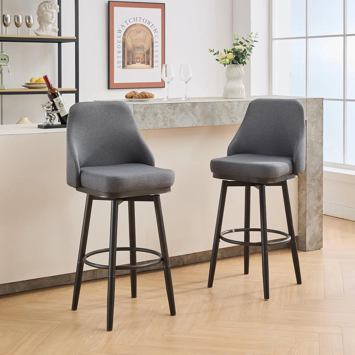 2PCS Chenille  Adjustable Height Swivel Bar Stools with Back, Modern Tall Barstools For Kitchen Island, Dining Room, Cafe