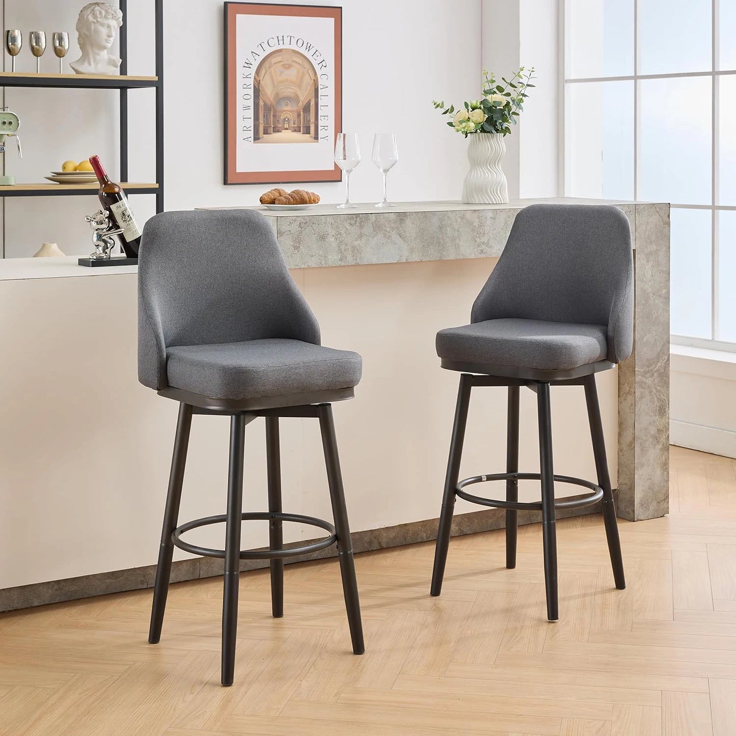 2PCS Chenille  Adjustable Height Swivel Bar Stools with Back, Modern Tall Barstools For Kitchen Island, Dining Room, Cafe