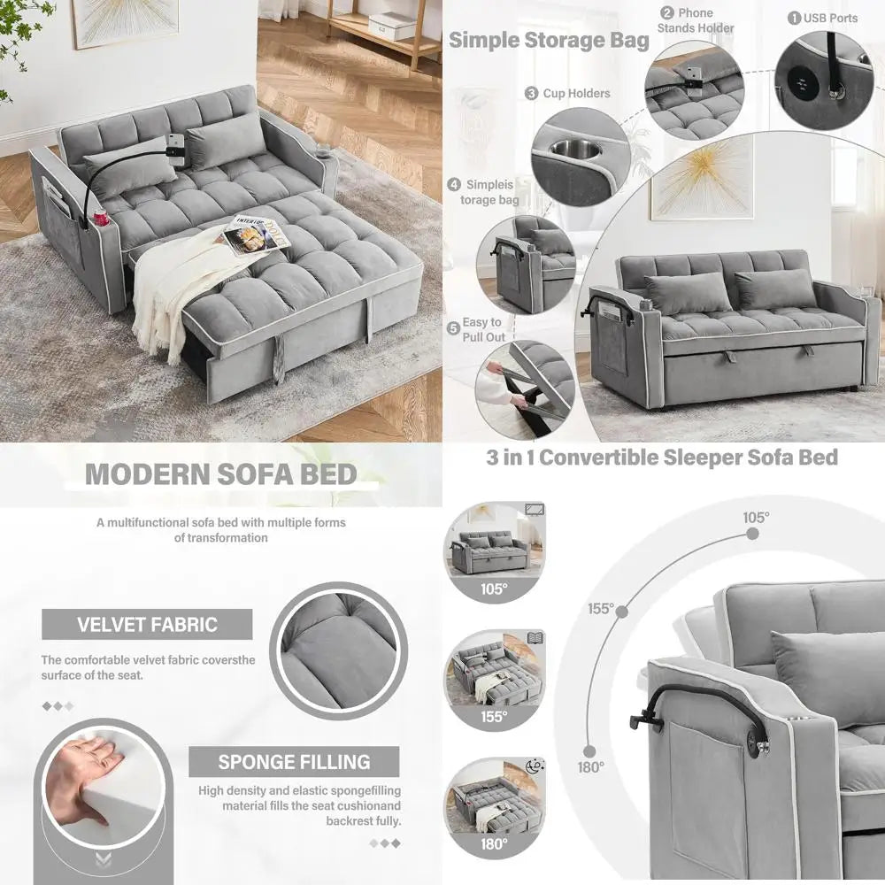 3-in-1 Velvet Sleeper Sofa, Pull-Out Bed, Adjustable Backrest, 55 Loveseat Bed