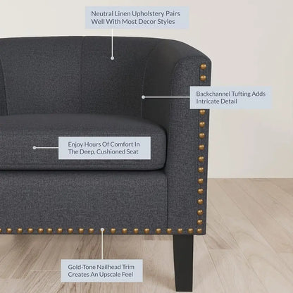 Linen-Gray Accent Barrel Chair with Gold Nailhead Trim and Black Legs for Living Room or Bedroom Lounge