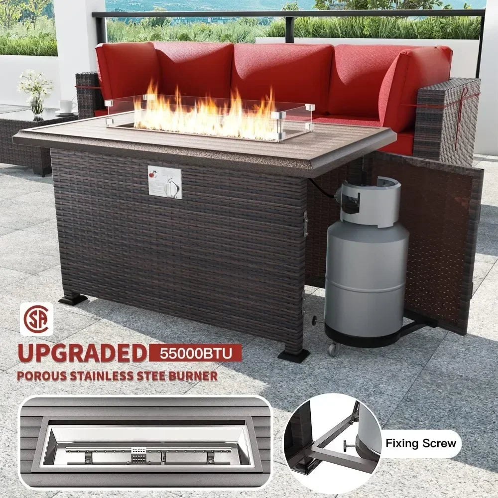 [New Arrival!Free Shipping!]"13-piece outdoor patio furniture set with 43-inch 55,000 btu gas propane fire pit table and wicker