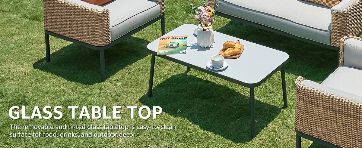 4-Piece Wicker Patio Furniture Set, All-Weather Rounded Rattan Conversation Set Sectional Sofa with 5'' Thick Cushions