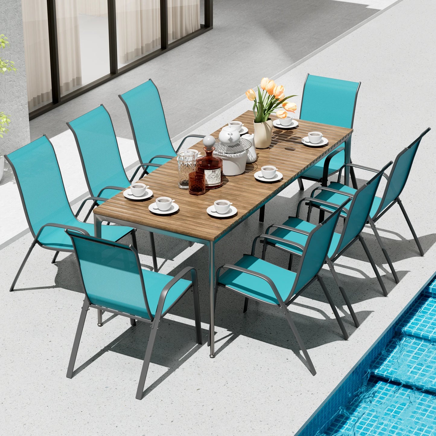 Patio Chairs Set of 8, Stackable Textilene Outdoor Dining Furniture for All Weather, with 20″ Wide Seat & Metal Frame for Garden