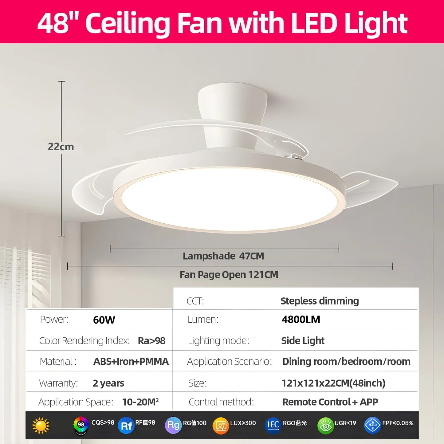 Jelena Ceiling Fan Fan with Light Bedroom Living Room Home Decoration Ceiling Fan Lamp Remote Control 6 Speed Silent Ceiling Fan