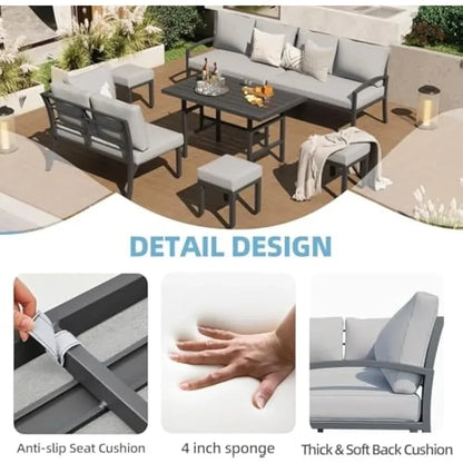 PatioLix Outdoor Patio Furniture Set: 30-Inch Fire Pit Table, Sectional Sofa, Dining Table & Chairs with Ottoman, Light Gray Cushions