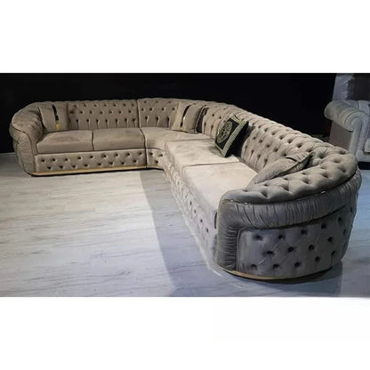 Luxury Sofa Set with Cloth Buttons and Fabric Modular Couch with Gold Stainless Steel Base, 3-seater Sofa