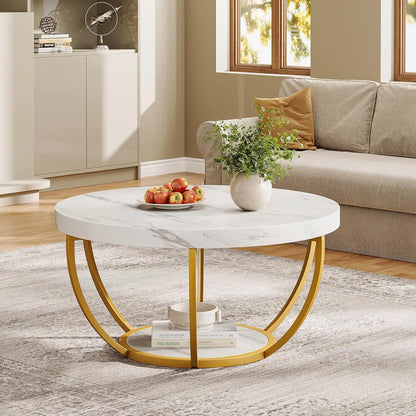 32" Circle Marble Coffee Tables, 2-Tier Golden Metal Legs Accent Center Table with Open Storage Modern Design Home Furniture