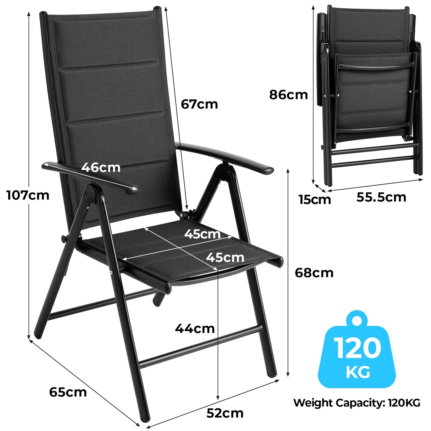 Aluminum Foldable Garden Chair, Lounge Backrest 7 Adjustable Settings, with Armrests, Weatherproof Outdoor Chairs Black,Gray