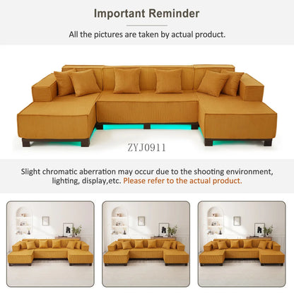 Modern U-Shaped Sectional Sofa 130" Sectional Sofa Upholstered Sofa with RGB LED Light Strip and 6 Pillows for Living Room