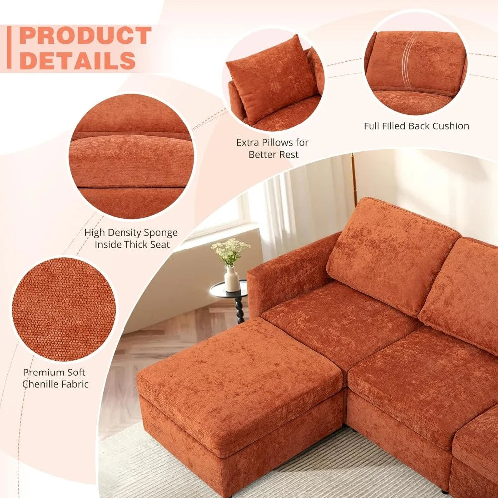 110” Chenille 4 Seater Sofa W/Movable Ottomans, Modern Fabric U-Shaped Couch w/Soft Backrests, Upholstered Sectional Sofa w/Arm