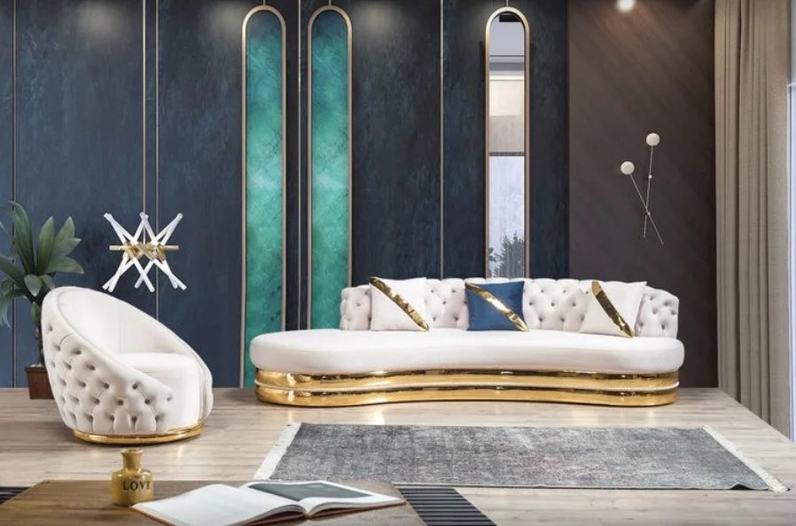 High Quality Luxury Living Room Gold Stainless Steel Sofa With Velvet Upholstered 2-3 Seat Couch for Home Living Room Hotel Use