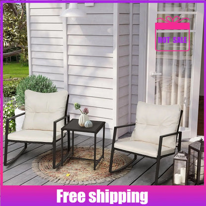 Curated Design 3 Piece Outdoor Rocking Bistro Set Black Wicker Furniture Porch Chairs Conversation Sets with Glass Coffee Tab