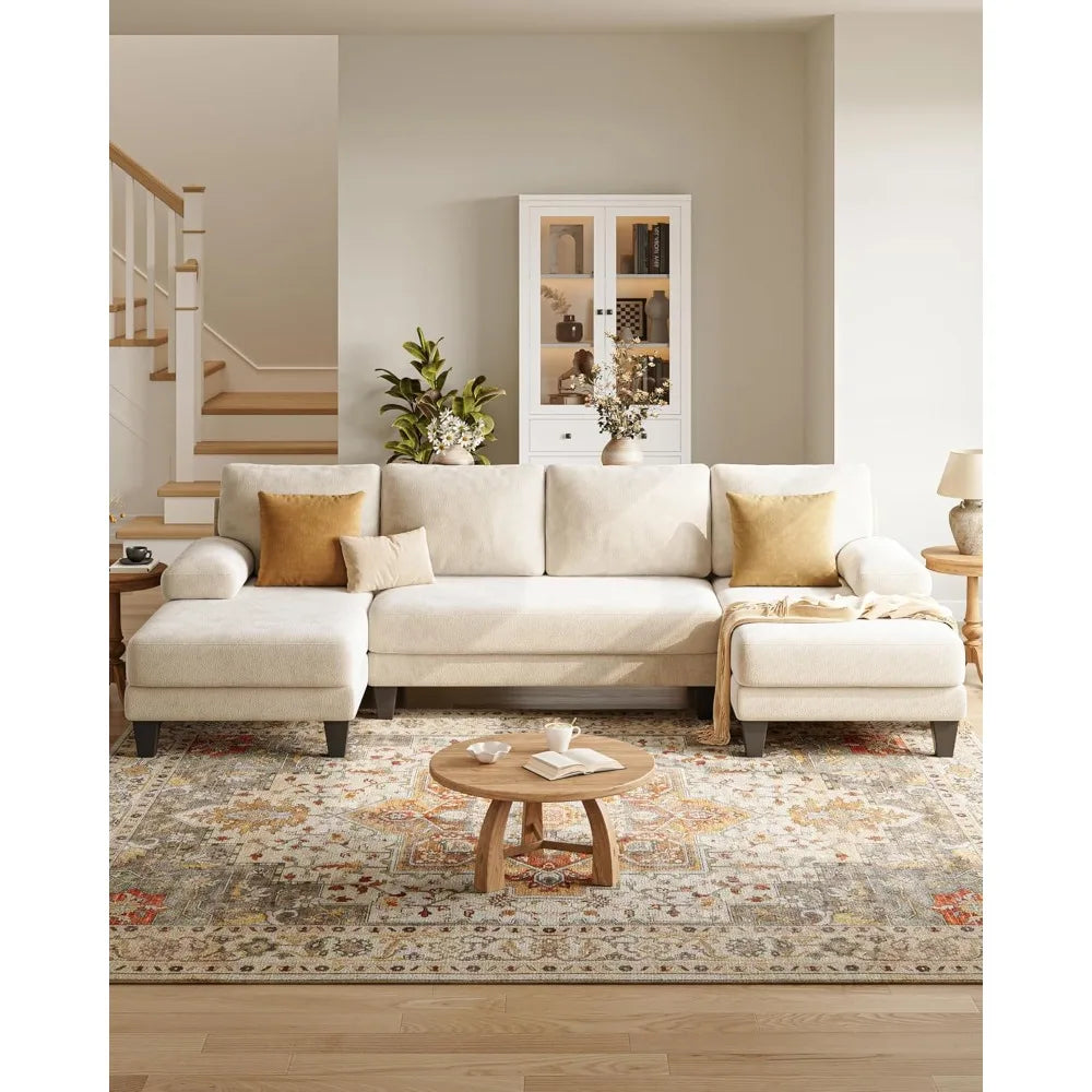 u-shaped sectional couches for living room | 112 inch sectionals couch | beige cheille sofa with double chaise for apartment
