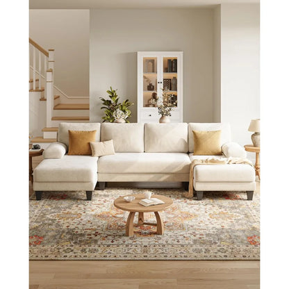 u-shaped sectional couches for living room | 112 inch sectionals couch | beige cheille sofa with double chaise for apartment