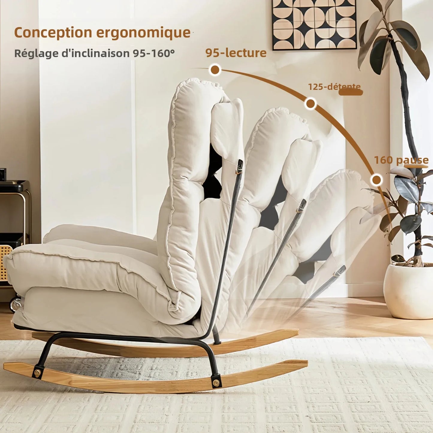Adjustable Backrest Rocking Chair Wide Seat Living Room Rocker for Comfortable Relaxation