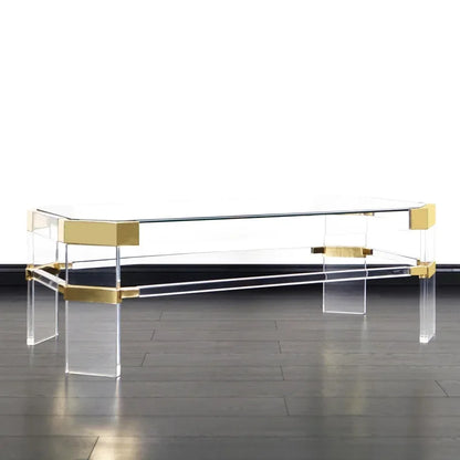 Gold Stainless Steel Frame Clear Glass Coffee Table with Storage Shelves, Modern Luxury Living Room Center Table