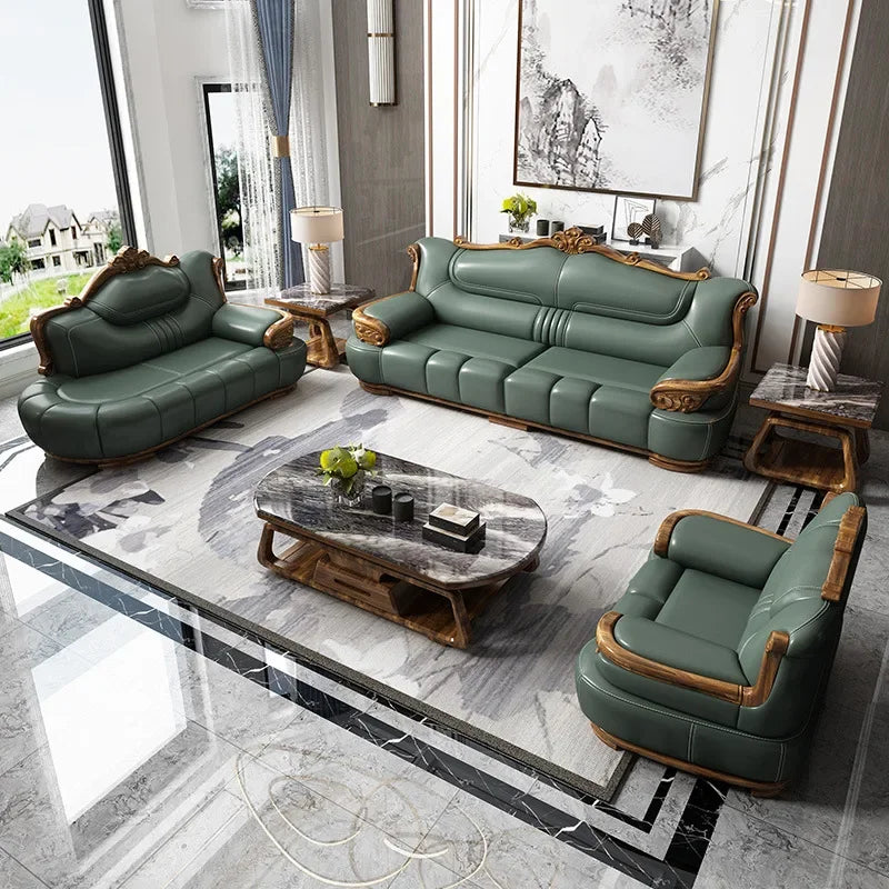 New Chinese-style simple ebony leather sofa luxury villa living room size apartment solid wood furniture corner combination