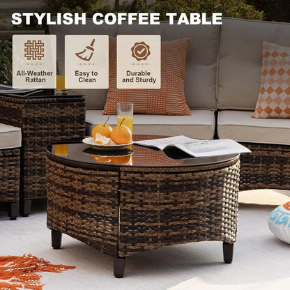 Multi-piece Outdoor Patio Furniture Sets, Half Moon Curving Part of The Sofa Rattan Patio Conversation Sets