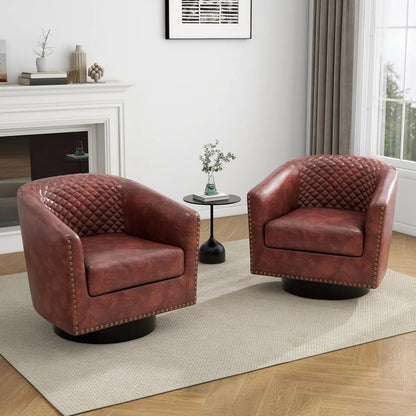 Faux Leather Barrel Accent Chairs Set of 2, Round Club Chair Modern Upholstered Armchair for Living Room, Comfy Nailed Trim Arm
