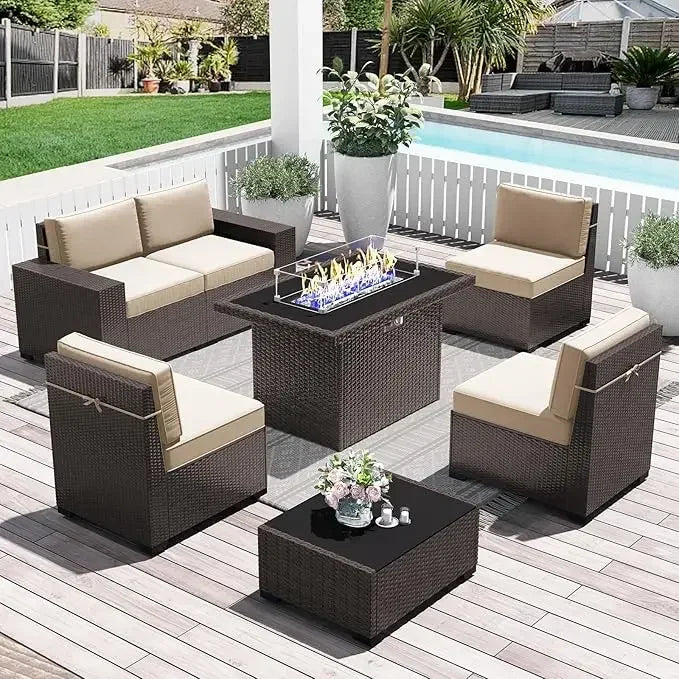 7-Piece Outdoor Patio Furniture with 44-inch Fire Pit Table Rattan Sectional Sofa Conversation Set