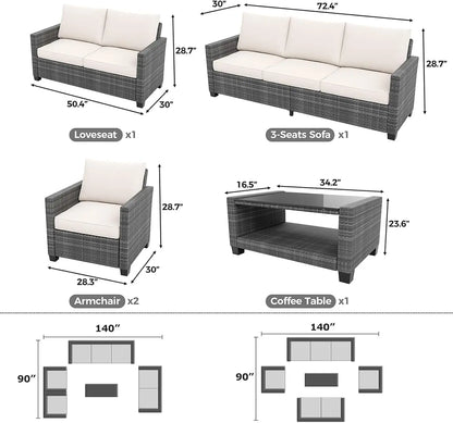 5 Piece Outdoor Patio Furniture Set with Coffee Table, Rattan Deck Conversation Sofa Set, All-Weather Sectional Rattan Sofa with