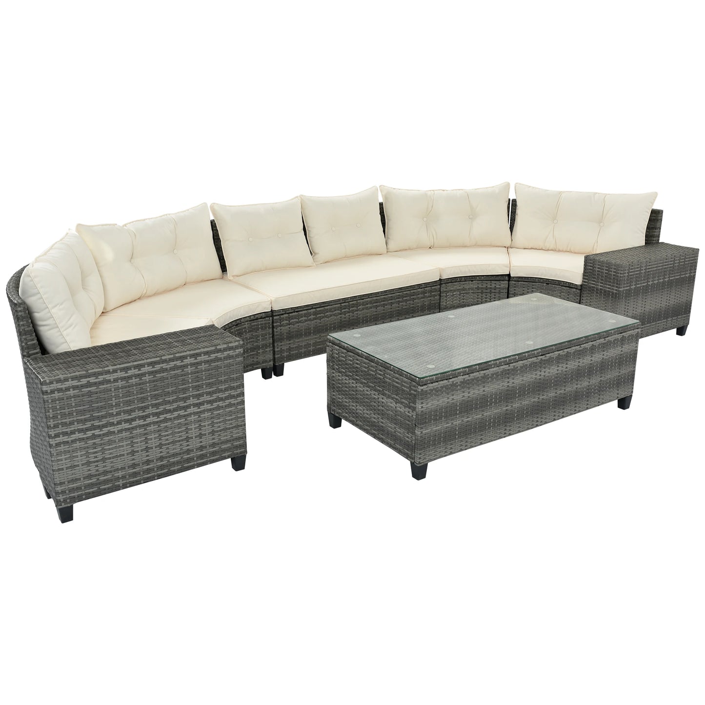 8-pieces Outdoor Wicker Round Sofa Set, Half-Moon Sectional Sets All Weather, Curved Sofa Set With Rectangular Coffee Table, PE