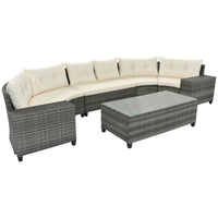 8-pieces Outdoor Wicker Round Sofa Set, Half-Moon Sectional Sets All Weather, Curved Sofa Set With Rectangular Coffee Table, PE