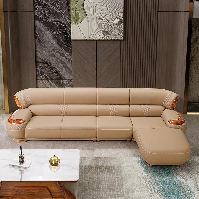 European leather sofa combination high-end living room corner luxury ebony wood first layer cowhide