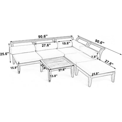 Outdoor L-Shaped Sectional Set with Coffee Table, 6-Piece Acacia Wood Patio Furniture for Backyard, Garden