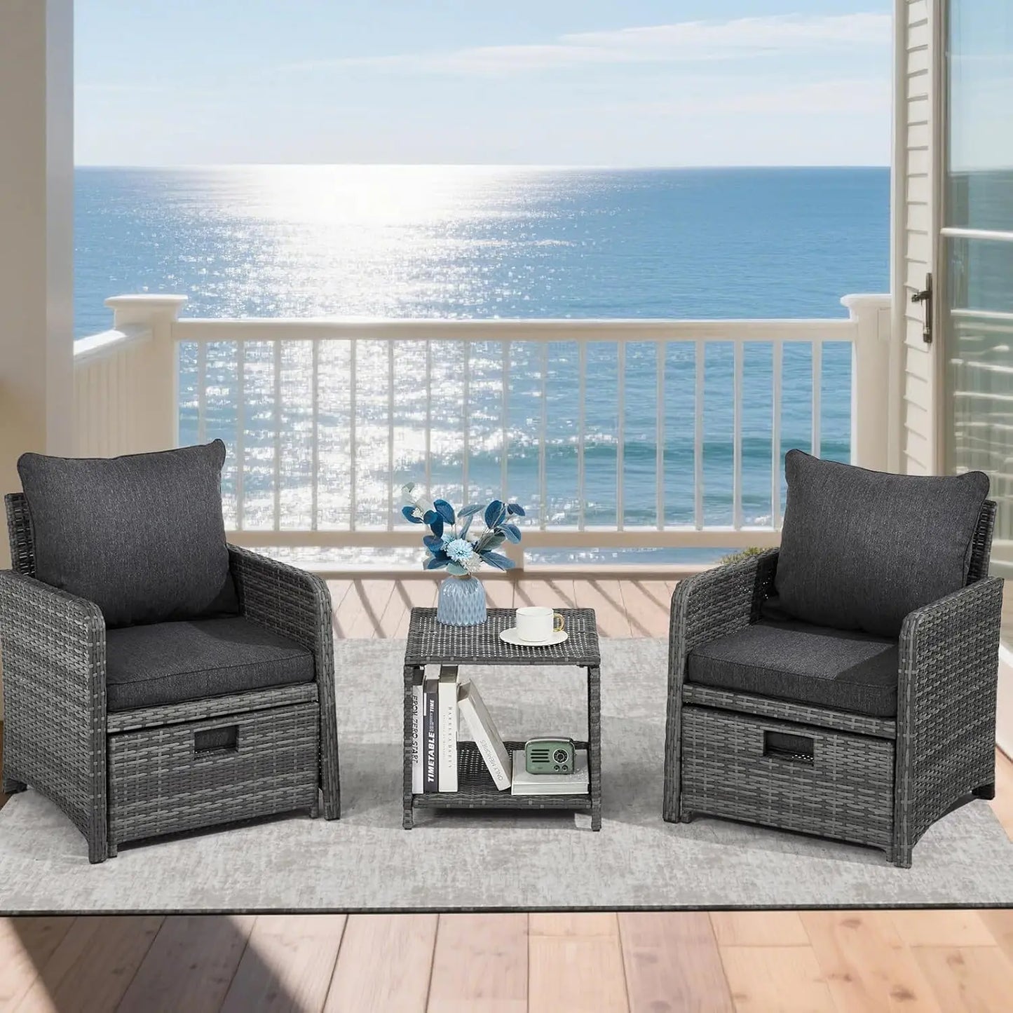 Wicker Patio Furniture Set, Balcony Furniture with Ottoman & Side Table for Lawn Pool Garden (Grey&Grey Rattan)