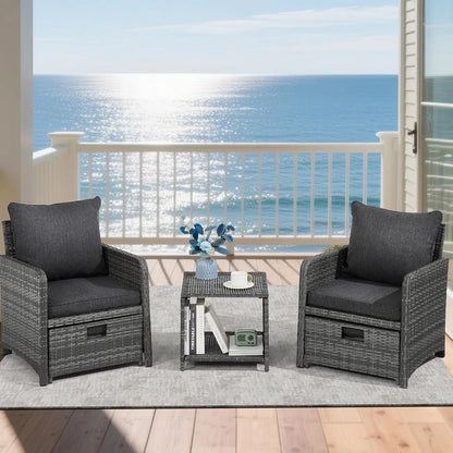 Wicker Patio Furniture Set, Balcony Furniture with Ottoman & Side Table for Lawn Pool Garden (Grey&Grey Rattan)