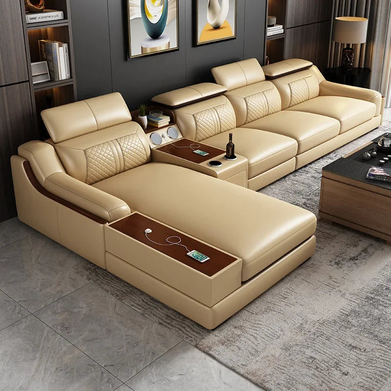 -Italian modern multifunctional sofa light luxury Faux Leather sectional sofa couch with USB charging and bluetooth speaker