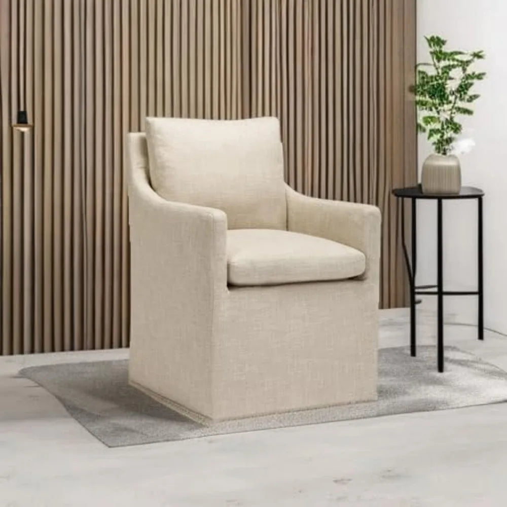 Linen Upholstered Dining Chair with 4 Casters, Ergonomic Armchair for Living Room Bedroom Office Reading