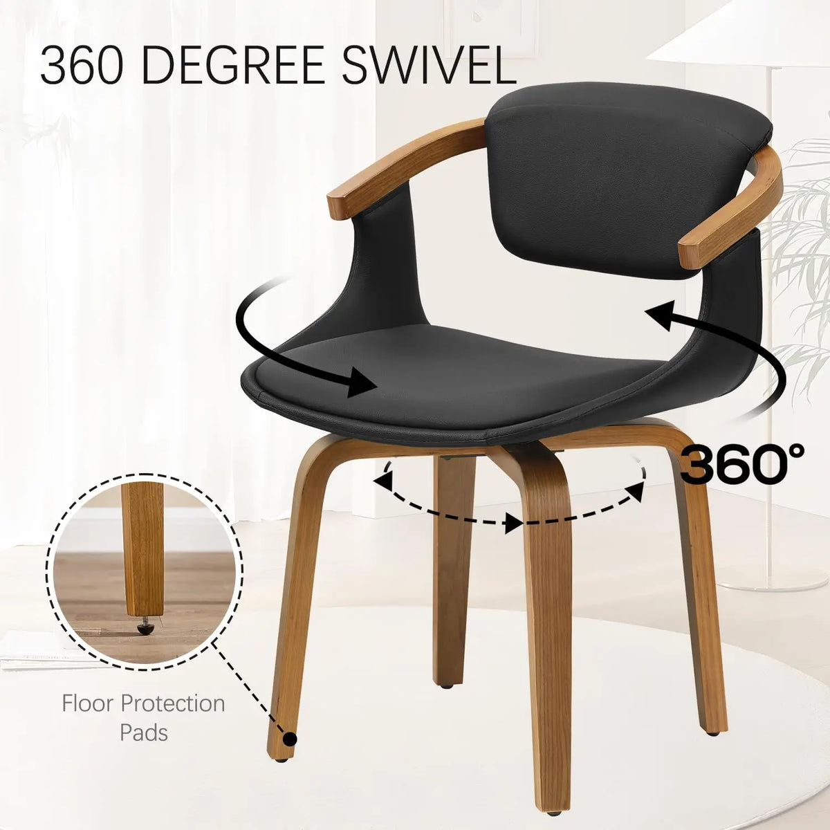 Swivel Desk Chair No Wheels, Mid Century Modern Office Chair, Faux Leather Dining Chair with Wood Legs, Accent Arm, Customized
