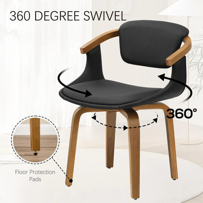 Swivel Desk Chair No Wheels, Mid Century Modern Office Chair, Faux Leather Dining Chair with Wood Legs, Accent Arm, Customized