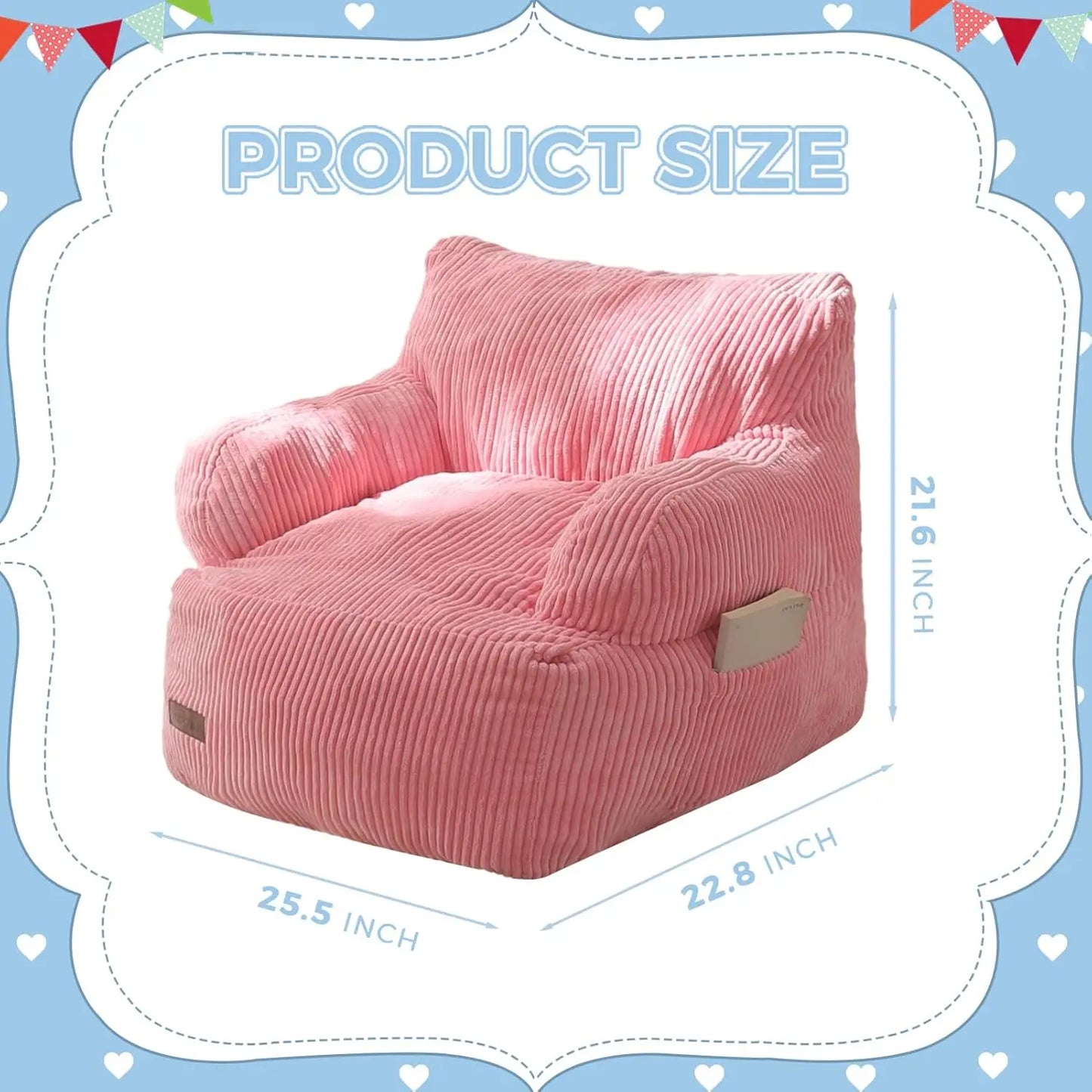 Kids Bean Bag Chair, Toddler Sofa with Foam Filling and Pocket for Gaming Reading Pink
