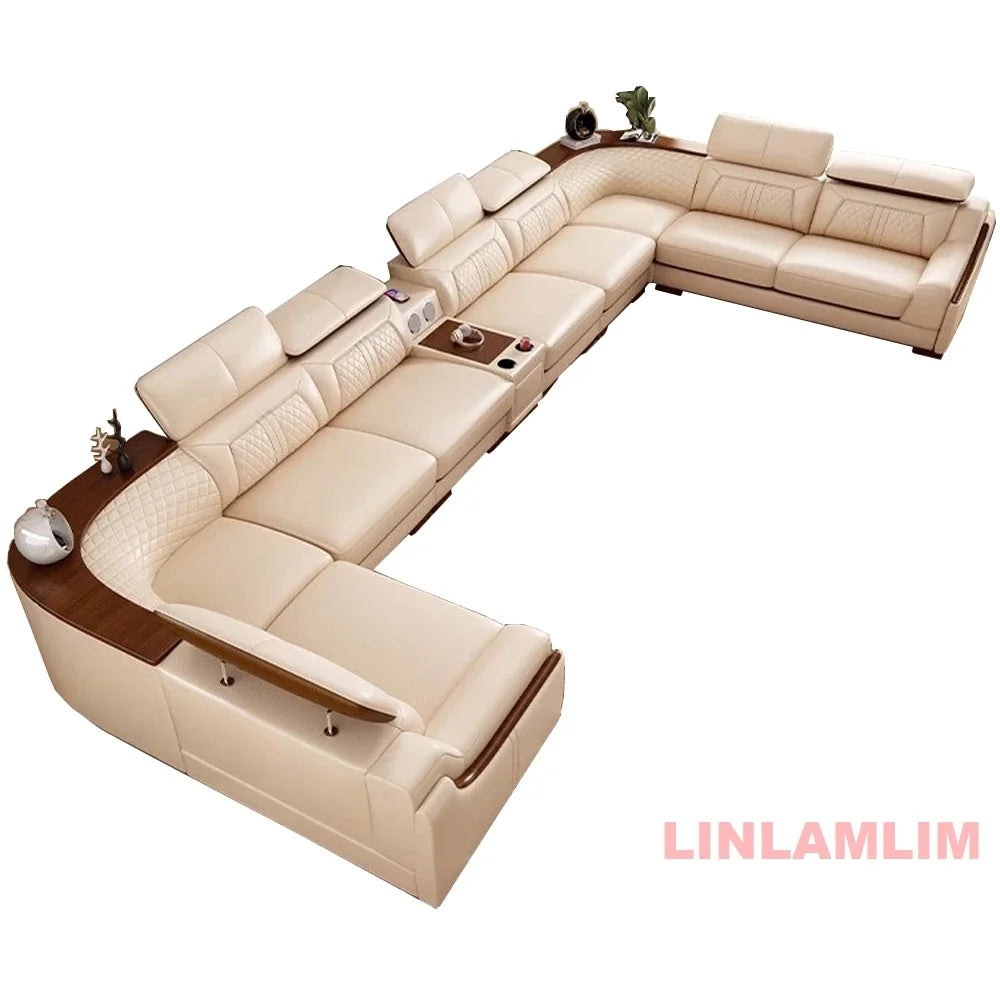 Modern U-Shaped Sectional Sofa Set with Chaise Lounge, Genuine Leather Couch with Storage Table, USB – Big Living Room Furniture