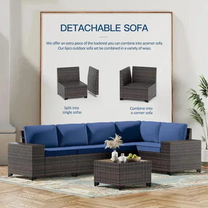 YND6-WQQkulavik 6PCs outdoor furniture set PE Wicker rattan sectional sofa patio conversation sets. navy blue