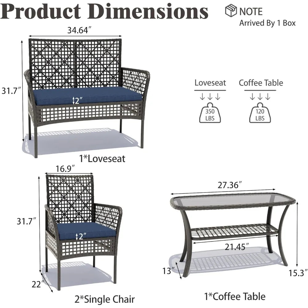 4-Piece Outdoor Wicker Rattan Furniture Set with Chairs, Coffee Table, and Cushions for Modern Patio Conversation