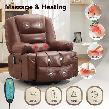 Oversized Recliner Chair Heat Vibration Massage PU Leather Manual Swivel Rocker Cup Holders Side Pocket Brown
