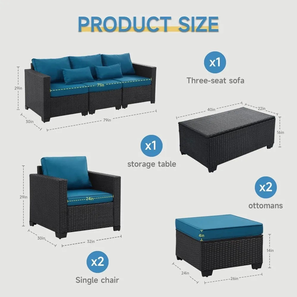 6 Pieces Outdoor Patio Furniture Sets with Furniture Cover, PE Rattan Wicker Patio Conversation Set with Tea Table (Peacock Blue