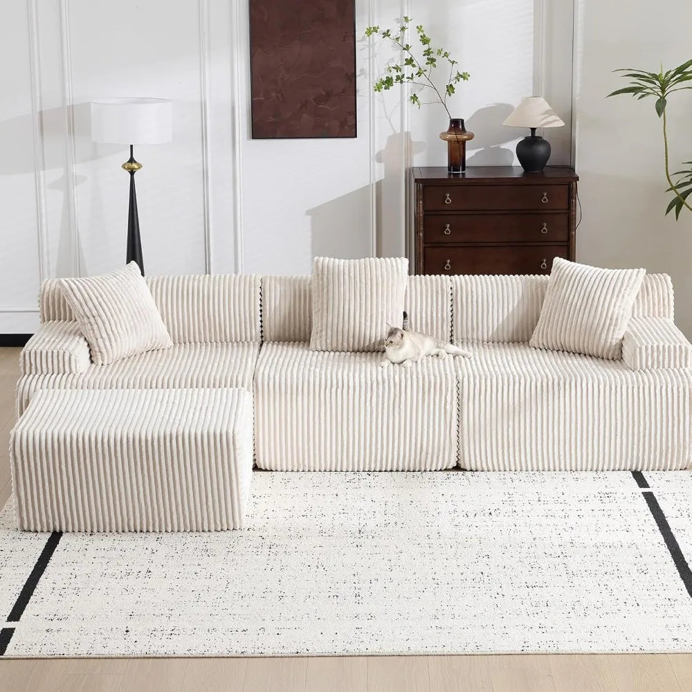 Modular Sectional Sofa in Corduroy, L-Shaped Cloud Couch with Ottoman, Deep Seating Living Room Furniture, Wide and Comfortable