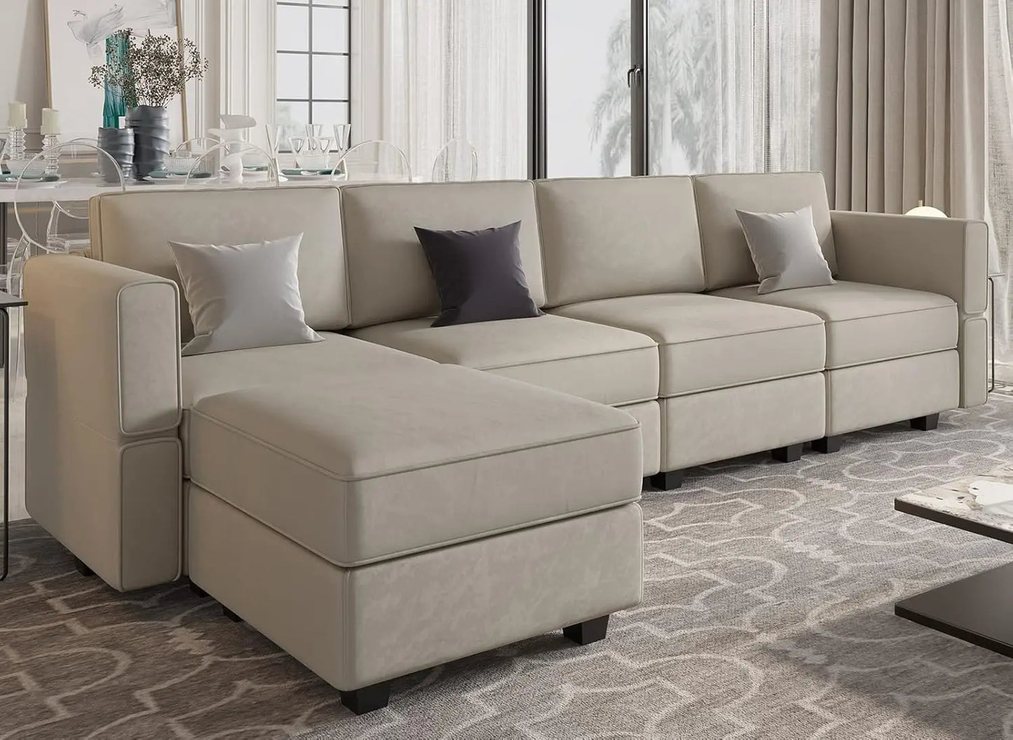 Grey Velvet Modular Sectional Sofa L-Shape Reversible Chaise Storage 4-Seat Living Room, Customized