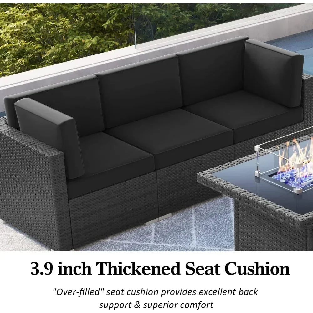 Furniture Set with 44" Propane Gas Fire Pit Table, Outdoor Sectional Conversation Set Wicker Rattan Sofa Set with Coffee Table