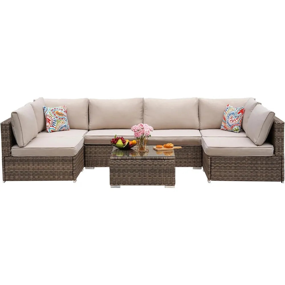 7Pieces Patio Furniture Set - All-Weather Outdoor Wicker Sectional Conversation Sofa, Rattan Patio Seating Sofa Set with Cushion