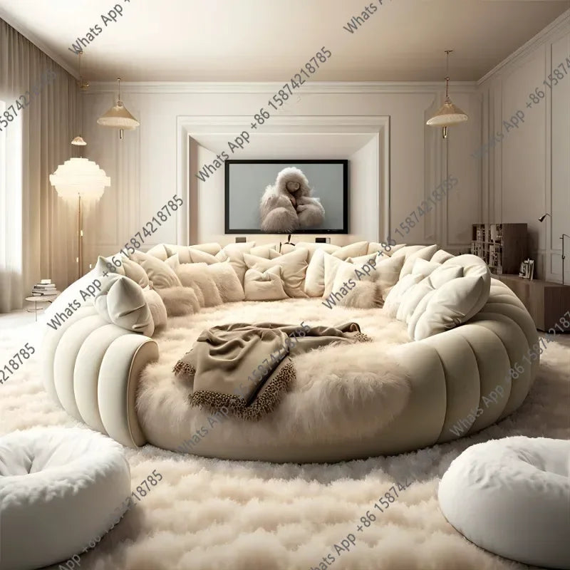 X 2.2×2m Master Bedroom Big Round Bed Modern Hotel Guest House Cream Wind Luxury White Leather Full Bed Frame Lazy Cloud Section